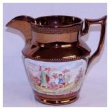 Antique copper luster pitcher w/ transfer scene,