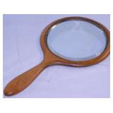 Antique wooden beveled hand mirror