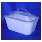 Glasbake milk glass loaf dish w/ glass lid -