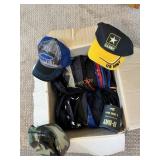 Box filled with over 20 ballcaps and (can) drink