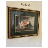 2- Matted/framed floral pictures, 2- gold triple