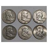 6 Franklin Silver Half Dollar Coins