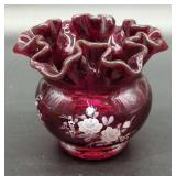 Fenton Ruby Red Hand Painted Ruffle Vase