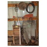 wooden folding chairs, runner sled, tin, etc