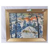 Painting of a log cabin in woodland snow