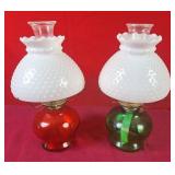Vintage oil lamps with green and red bottoms and