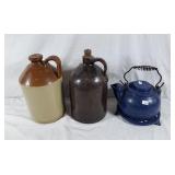 Pair of crockery jugs and heavy cast tea pot on