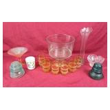 Pair of glass insulators, raised candy dish,