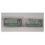 Two 1967 Canada One Dollar Bills with