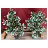 Pair Of Pink Flowered Bushes With White Lights