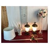 Two frosted glass lights, shell lamp, vase