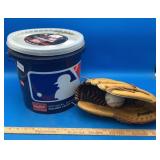 Bucket Of MLB Brand Baseballs And A Glove