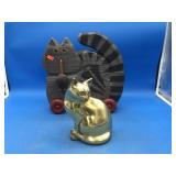 Brass Cat & Lg Heavy Wooden Cat + Mouse on Wheels