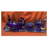 Two Trays Of Cobalt Blue Glassware Including