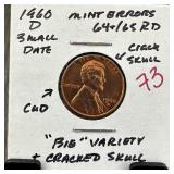 1960-D MEMORIAL PENNY CENT "BIE" VARIETY CR SKULL