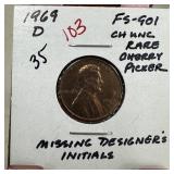 1969-D MEMORIAL PENNY CENT FS-901 MISSING VDB