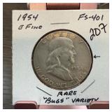 1954 FRANKLIN SILVER HALF DOLLAR BUGS VARIETY