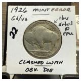 1926 BUFFALO NICKEL CLASHED OBV DIE