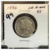 1936 MERCURY SILVER DIME AU