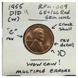 1955-D/D WHEAT PENNY CENT WOW RPM-009 MULT ERRORS