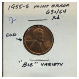 1955-S WHEAT PENNY CENT BIE VARIETY CUD