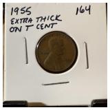 1955 WHEAT PENNY CENT DIE CUD EXTRA THICK ON T