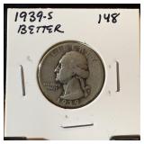 1939-S WASHINGTON SILVER QUARTER BETTER