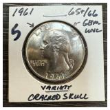 1961 WASHINGTON SILVER QUARTER UNC CRACKED SKULL