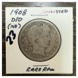 1908-D/D BARBER SILVER QUARTER RARE RPM