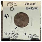 1982-D CLIPPED PLANCHET MEMORIAL CENT