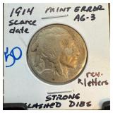 1914 BUFFALO NICKEL SCARCE DATE STRONG CLASHED DIE