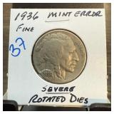 1936 BUFFALO NICKEL ROTATED DIES MINT ERROR