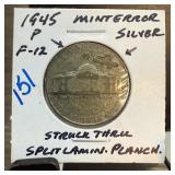 1945-P JEFFERSON SILVER WAR NICKEL LAMINATION ERR