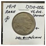 1919 BUFFALO NICKEL DDO-002 BOUBLE CLOPS