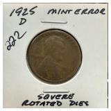 1925-D WHEAT PENNY CENT SEVERE ROTATED DIE