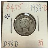 1938-D MERCURY SILVER DIME