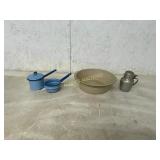 ENAMEL BOWL AND POTS ALUMINUM SYRUP PITCHER