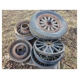 Pallet of Older Vehicle Wheels and Rims.