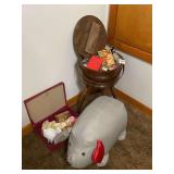 Vintage Sewing Items, Trinket Box, and Plush Pig