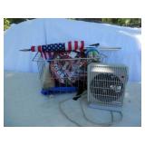 Metal bin with battery cables, flag, sm fan