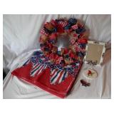 Group of 5- Vintage Patriotic tablecloth, wreath