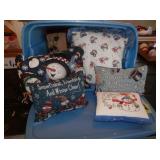 Blue tote-tote includes -asst. Snowman pillows