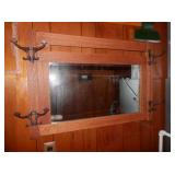 Antique oak framed mirror w/hat hooks