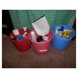 3 Buckets full of household cleaning supplies