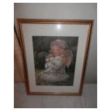 Framed girl w/rabbit picture 15" W x 19 1/2" H