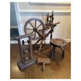 Antique spinning wheel, wool comb, etc.