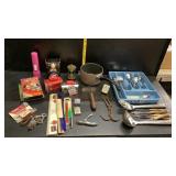 Silverware, knives, pan, lighters, Avon, rulers &