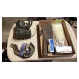 12v Air Compressor, butcher knife, zip ties,