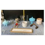 Blue glass, mugs, vases, massage roller & misc.