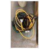 Bucket w/Extension cords, power strip, cable wire